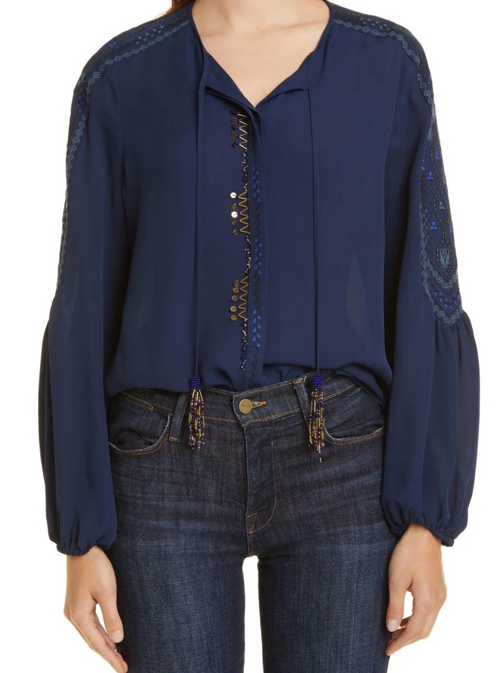 100% Silk Kobi Halperin ‘Maeve’ Embroidered Beaded Tassel Blouse Top Navy Blue